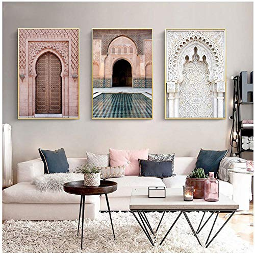AdoDecor 3 Stück Marokko Tür Landschaft Religion Nordic Poster Drucke Wandkunst Leinwand Malerei Wandbilder Für Wohnzimmer Wohnkultur 40X60 cm Ungerahmt