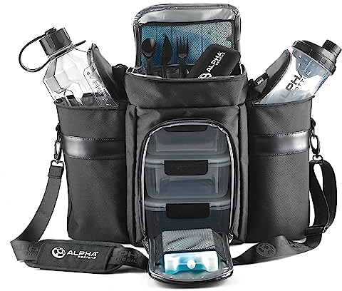 Alpha Designs | Meal Prep Cool Bag | Insulated Gym Lunch Bag | Food Storage Containers with Lids, Water Bottle, Protein Shaker & More | 8-Piece Set | Black/Clear