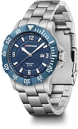 WENGER Herren Armbanduhr Seaforce Ø 43 mm, Swiss Made, Analog Quarz, Wasserdicht bis 200 m, Edelstahl-Armband, Blau/Silber, 01.0641.133