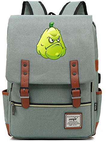 WANHONGYUE Game Plants vs. Zombies College Student Schoolbag Vintage Rucksack 15.6-inch Laptop Backpack with USB Charging Port Green / 4