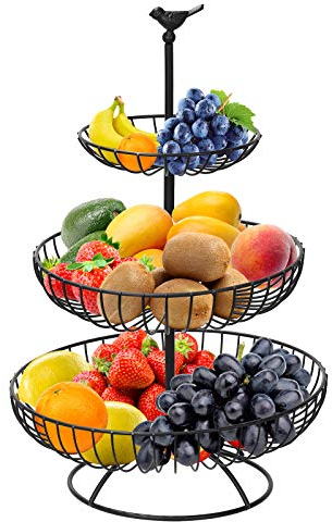 Hossejoy Frutero de 3 pisos para más espacio en la encimera, frutero y soporte de venta de aperitivos, perfecto para frutas, verduras, aperitivos, artículos del hogar (negro)