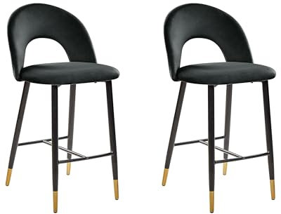 Beliani 2 Tabourets Chaises Hautes de Bar en Velours Noir Pieds Noirs et Dorés Design et Confort pour Cuisine ou Salon Rétro et Glamour