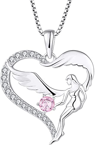 FJ Herz Schutzengel Halskette Damen 925 Sterling Silber Engelsflügel Kette Anhänger Rosa Turmalin Oktober Geburtsstein Halskette Schmuck Geschenke für Frauen Mädchen