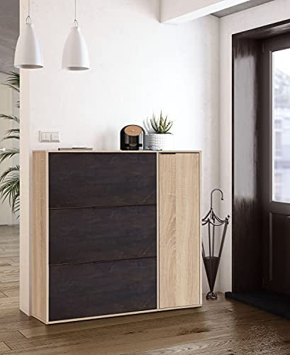 Dmora - Étagère à chaussures Provo, armoire à chaussures 4 portes, armoire basse polyvalente avec 5 étagères, étagère à chaussures moderne, 106x22h115 cm, chêne et noir