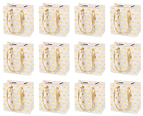 Jinlaili 12 Stk Geschenktüte Klein mit Henkel, Papiertüten für Geschenke, 14 x 15 x 7cm Geschenktüten Papier mit Griffen, Weiß Geschenktüten Klein für Geburtstag, Hochzeit Party (Gold)