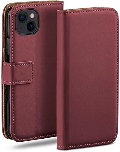 moex Custodia a portafoglio per Apple iPhone 13, custodia per cellulare con tasca per schede e carte credito, protezione a 360°, in pelle vegana, Maroon-Red