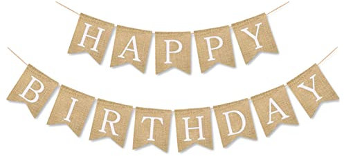 Andiker Vintage Jute Happy Birthday Banner, 6.6 Feet Jute Hanging Bunting Garland for Birthday Party Decoration, Perfect for Indoor and Outdoor Parties (White)