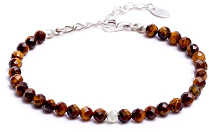 BERGERLIN Tigerauge Armband braun mit 925 Sterling Silberperle – facettiertes, braunes Armband mit Verschluss – Größe XS-S