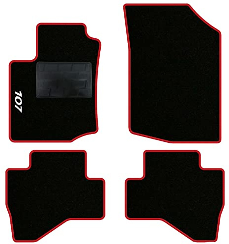QUEMAR Auto-Fußmatten-Set kompatibel mit Peugeot 107 2005-2014 / passgenaues Fußmatten-Set aus Teppich und Gummi (2 vorne + 2 hinten) / personalisierte Stickereien und Farben (1 Stickerei, roter Rand)