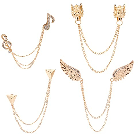 FINGERINSPIRE 4pcs Gland Chaîne Broche Collier Pins 4 Style (Ailes d'ange/Triangle/Note de Musique/Dragon) Plaqué Or Cristal Strass Métal Épinglette Costume Manteau Épingle De Poitrine