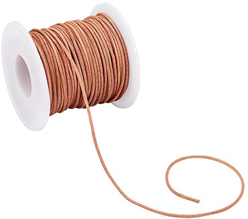 AHANDMAKER 30 Yards Leather Cord String, 1.5 mm Round Cowhide Leather String, Genuine Natural Color Leather String Cord for Necklace Bracelet Jewelry Making and DIY Crafts, Brown