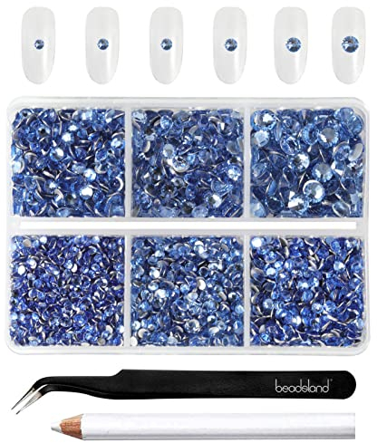Beadsland 4300 Stück Blau Strasssteine mit flacher Rückseite,Nagelsteine, runde Kristall-Strasssteine zum Basteln, gemischt in 6 Größen, mit Picking Pinzette und Wachsstift Set, SS6–SS20,Hellblau