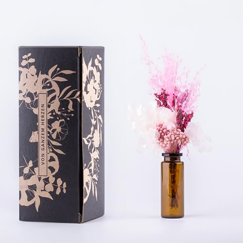 Kunstharz.Art Kleines Blumen Geschenk mit Vase und Geschenkverpackung - Trockenblumenstrauß in Mini als kleines Dankeschön Geschenk (B6 Rosa)