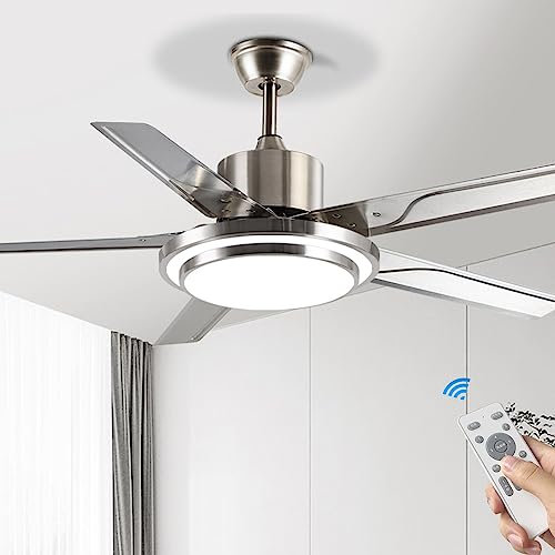 HSPLXYT Ventilateur de Plafond argenté à Montage encastré, Ventilateurs de Plafond avec lumières et télécommande, Ventilateurs de Plafond intérieur/extérieur avec Moteur CC réversible Silencieux