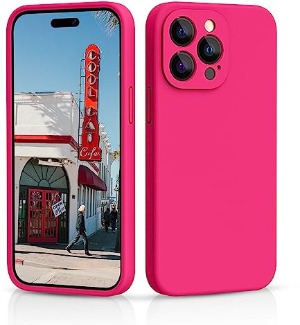 CALOOP Slim-Fit for iPhone 14 Pro Max Case,Sturdy Shockproof Hard Frame Cover with Anti-Scratch Microfiber Lining,Skin Soft Liquid Silicone,Full Protection for Screen and Camera Lens(Hot Pink)