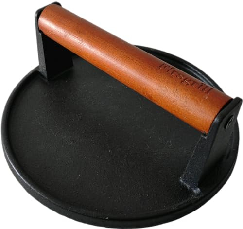 Firsgrill Burgerpresse mit flachem Boden, 18 cm, rund, robust, Gusseisen, Smash Meat Steak mit Holzgriff für Blackstone Weber Treager Grills (YPP)