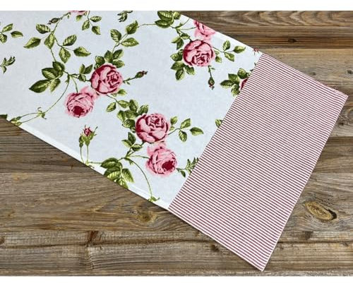 Tischläufer DORRIT Rosen Motiv kariert - Große Stoff Tischdecke Landhausstil 40 x 100 cm rechteckige Tischdeko - Waschbares Tischband aus 100 % Baumwolle als moderne Esstischdeko, Hochzeitsdeko