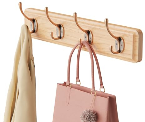 Gumcoly Patère Murale de 4 crochets, Patère murale, Bois brut，Portemanteau mural pour Suspendre Manteaux écharpes, Sacs à Main et Autres, Couleur du bois