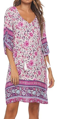 BDTECAOR Sommerkleider für Frauen Mode Casual Blumen Strandkleid Cover Ups Resort Bekleidung Rosa M
