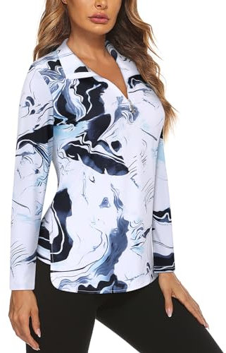 Koscacy Women's Long Sleeve Golf Tennis Polo Shirts UPF50+ Half Zip Dry Fit Workout Tops Athletic Shirt, White Grey Ink, L