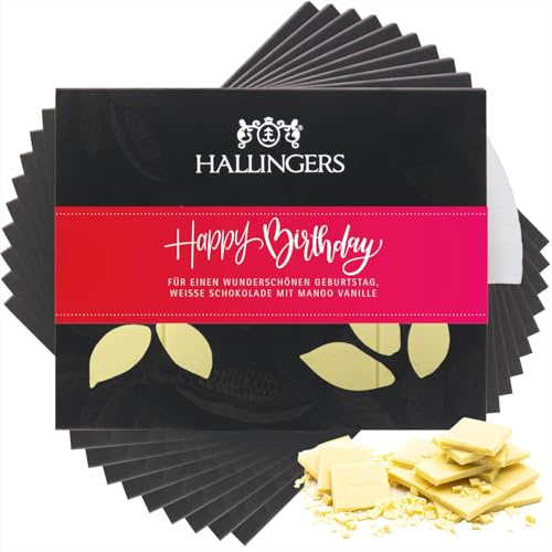 Hallingers Genuss Manufaktur Weiße Schokolade Geburtstagsgeschenk - Tafel handgeschöpfter Edelkakao ohne Alkohol edler Karton 10x Happy Birthday ... Mango-Vanille, Geschenke für Frauen Freundin