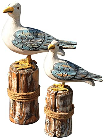 Duiaynke Dekofigur aus Holz, stehend, Möwe, Vogelstatue, Gartenskulptur, Ornament, 2 Stück