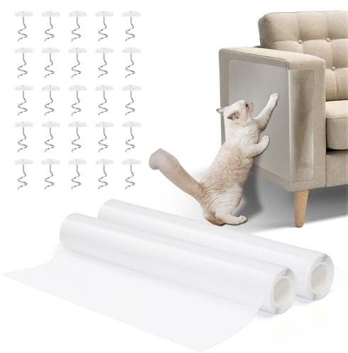 Nobleza 2-Roll Pack Anti Scratch Furniture Protector 30cm x 6m Sofa Protectors Pets Cat Carpet Protector Cats Scratching Furniture Self Adhesive Tape Door Protectors Kitten Dog Scratch Couch 80 Pins