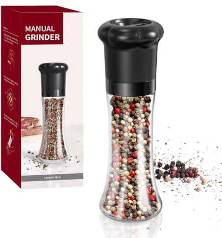 CIRCLE JOY Manuelle Pfeffermühle, Gewürzmühle für Profikoch, Nachfüllbare Pfefferstreuer mit Keramikklingen, Einstellbare Körnung und BPA-freier 180ml Glasbehälter, Hoch Schwarz