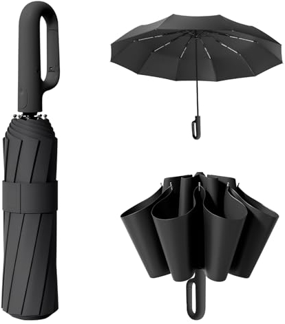 Oziral Paraguas Plegable Automatico 10 Costillas Paraguas Antiviento Parasol Cortaviento Resistente al Agua Costillas mejoradas Mango en forma de C Compacto Portátil Adecuado para adultos niños Negro