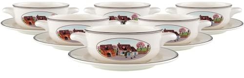Villeroy & Boch Design Naif Suppentassen mit Untertassen 6er Set, Suppen-Set mit Landschaftsmotiven für 6 Personen, Premium Porzellan, Bunt