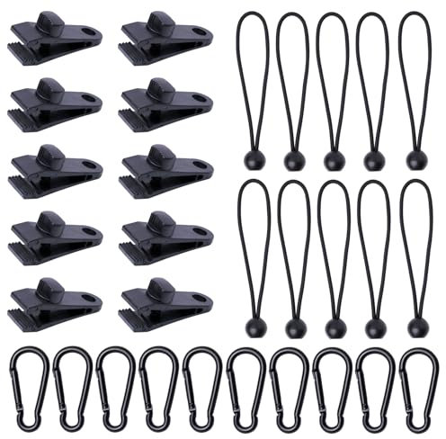 BYZANDQI Planenclips Set | 10 Stück Zeltplane Clips, 10 Stück Karabiner, 10 Stück Spanngummis mit Kugel 15cm | Planenbefestigung Planenspanner Tarp Clips für Plane Tarp Camping Banner Zelt Vorzelt