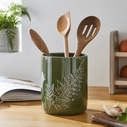 New Durable Stoneware Utensil Pot Convenient Cleaning Countertop Décor Kitchen Utensil Storage Caddy Organiser For Spoons, Spatulas, Forks, Knives (Green)