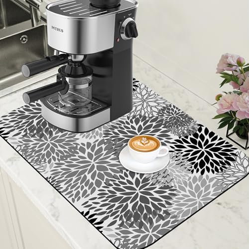 Dish Drying Mat Black and White Chrysanthemum Flower Coffee Bar Mat Absorbent Coffee Mat Rubber Backed Hide Stain Dish Drainer Rack Mat Coffee Maker Coffee Pot Dining Room Decoration 15.7 x 23.6 Inch