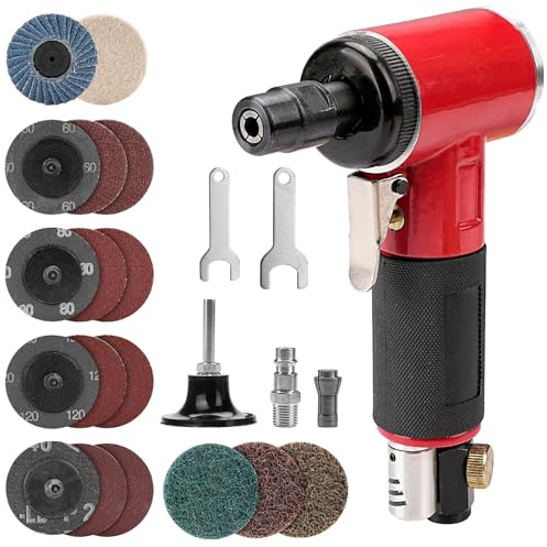 NuoDunco Mini Ponceuse Pneumatique Meuleuse Multifonction D'angle | avec 17pcs 2 Pouces Disques Abrasifs Différents, 2 Mandrins 3mm & 6mm(rouge)
