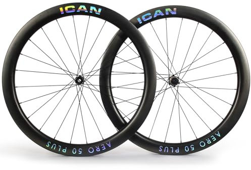 ICAN Aero 50 Plus 1400 g Carbon-Rennrad-Laufradsatz, 700 C, Scheibenbremse, 23 mm Innenbreite, Drahtreifen, schlauchlos kompatibel (kompatibel mit Road HG Freehub, Aero 50 Plus Disc)