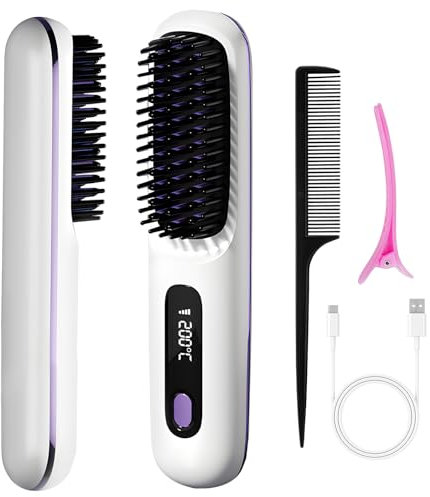 Glättungsbürste Haarglätter Bürste Glättbürste Kabellos Mini Glätteisen Haarglätterbürste 160-200℃ Schnelles Aufheizen Wiederaufladbare Tragbare für Haarstyling 3 Temperaturstufen Weiß