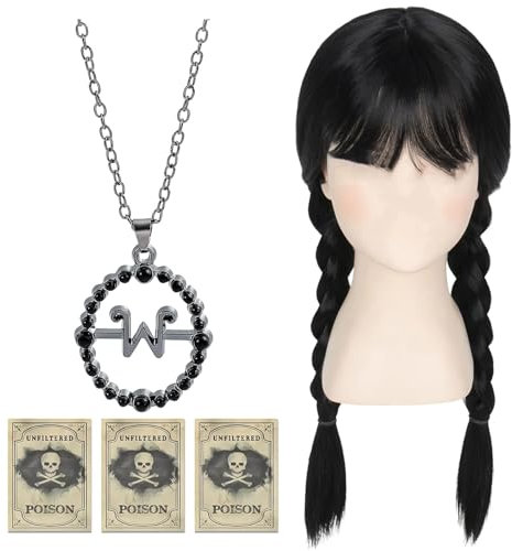 Mittwoch Perücken mit Mittwoch Halskette und 3 Totenkopf-Aufklebern,Mittwoch Schwarze Perücke Fasching,Mittwoch Lange Geflochtene Perücken für Halloween Karneval Cosplay Mädchen Damen