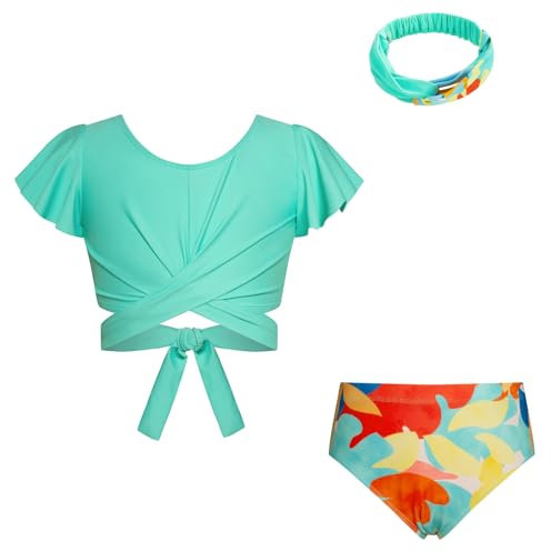 GRACE KARIN Mädchen Badeanzug Sets Tankini Badeanzug Kurzarm Oberteil Badeshorts Mit Haarband 3 Stück Geteilte Bademode Bunte Blumen 14 Jahre