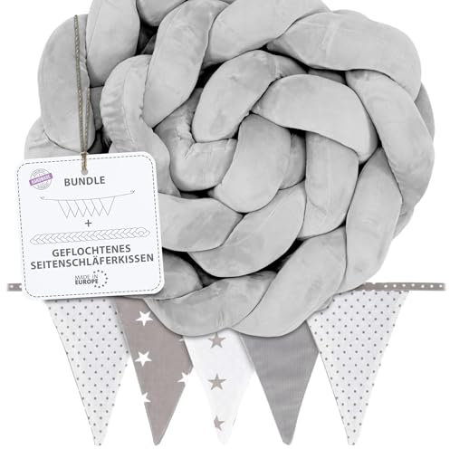 Seitenschläferkissen geflochten bettschlange Schwangerschaftskissen 400 cm stillkissen Schlange bettumrandung Baby Set mit Wimpelkette Kinder nestchenschlange Baumwolle Grau