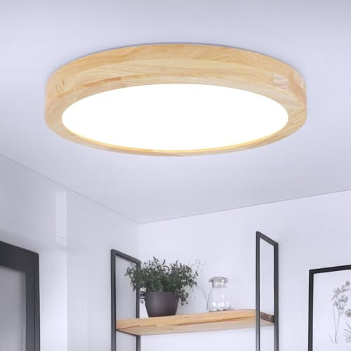 Kambo LED Deckenleuchte 6000K, 3100Lm 24W Kaltes Weiß Deckenlampe, 30CM LED Rund Holz Lampe für Schlafzimmer, Wohnzimmer, Küche, Esszimmer, Flur