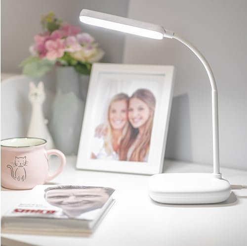 EMOS LED Tischlampe Molly 12W, Helligkeit 650lm, dimmbar, einstellbare Lichtfarbe (3000-6500 K), Flexibler Lampenarm, 1,5m Ladekabel mit 10V Netzadapter, weiß