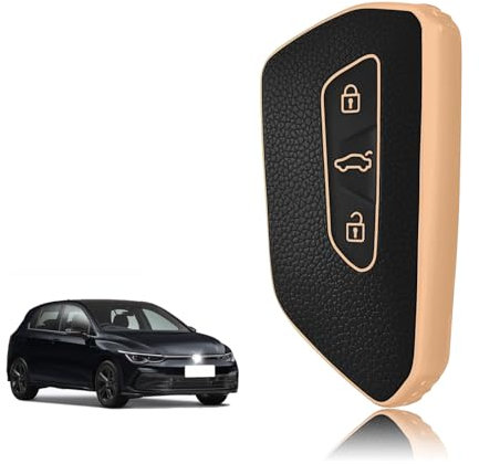 TOOMUME Coque Clé Silicone, Etui Clé Étui Clé Adapté pour VW Volkswagen Golf 8 Cupra Formentor Born Seat Leon Ateca Skoda Octavia Enyaq ID3 ID4, Couvre Clef Bord Doré & Argenté Texture Cuir
