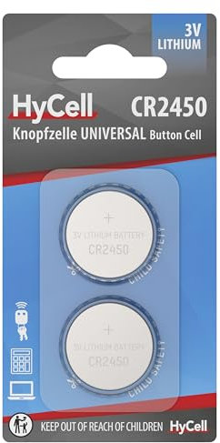 HyCell Lithium Knopfzellen CR2450 3V, 2 Stück, Lange Haltbarkeit, für Taschenrechner, Waage, Uhr, Autoschlüssel, Garagenöffner, Fernbedienung, Licht
