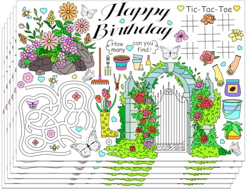 WEBEEDY 30 Pack Glücklich Geburtstag Platzsets zum Ausmalen, 40 x 28 cm Geburtstag Party Färbung Blätter Papier Matten für Restaurant Tischdekoration Supplies(Garden Theme