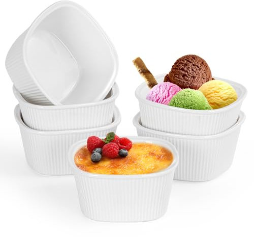 FoiiLiio Lot de 6 Plat à soufflé,Ramequins en Céramique 210ML,Ramequins et Moules à Soufflés,Allant au Four,ramequins à crème brûlée,Ramequins Individuels pour Pudding,Blanc,Carrée