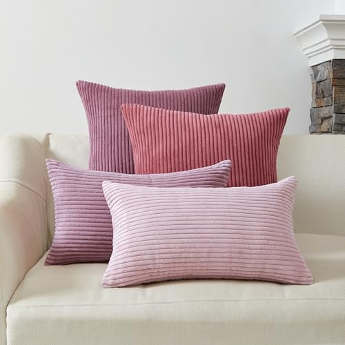 4er Set Kissen-Bezug mit Füllung Rosa, Modell Mary, Luxus Kordsamt Sofakissen gestreift Couchkissen Dekokissen Zierkissen Kopfkissen, mit verstecktem Reisverschluss, weich & angenehm