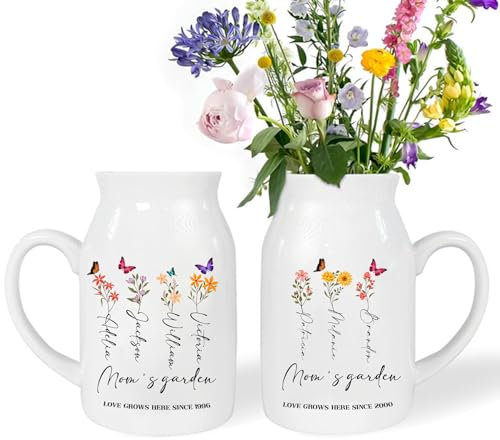 Mom's Garden Personalisierte Blumenvase mit individuellem Namen und Blumen-Schmetterlings-Design, Heimdekoration für Damen, Blumentopf