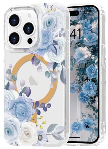 Ethanger Floral Magnetic Case for iPhone 15 Pro Max, Light blue | Compatible with Magsafe, Aesthetic Artistic Retro Flower Cover, for Women Girls, Shockproof Protective Phone Case