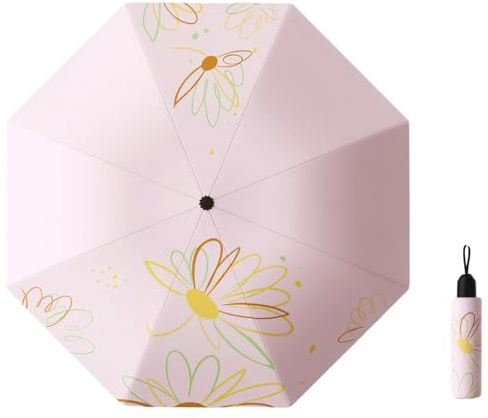 Meichoon UPF 50+ Paraguas de viaje con protección UV Portátil Compacto 8 costillas Sombrilla ligera impermeable y a prueba de viento de flores simple y elegante para mujeres para senderismo mochilero