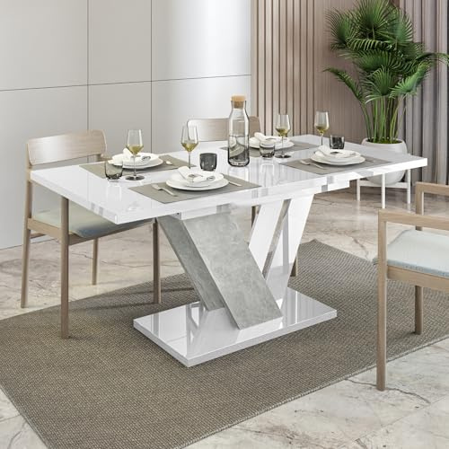 PHD FURNITURE Extendable Marble Effect Dining Table, 120-160 cm Length, White (White Gloss)